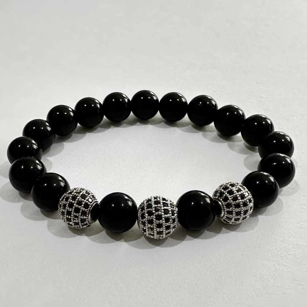 10mm Black Onyx with Black Crystal Ball Stretch Bracelet - Protection, Energy - Picture 1 of 7